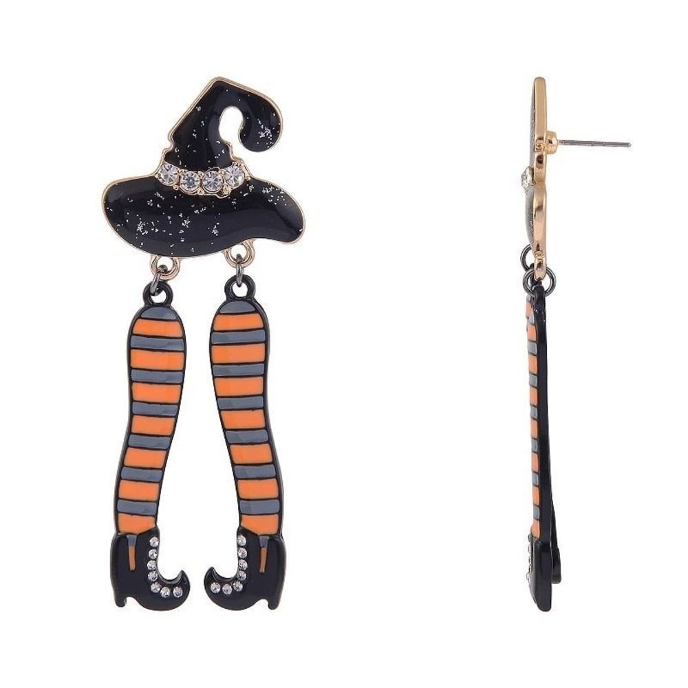 Halloween Witch Hat Striped Legs Drop Earrings Black NWT